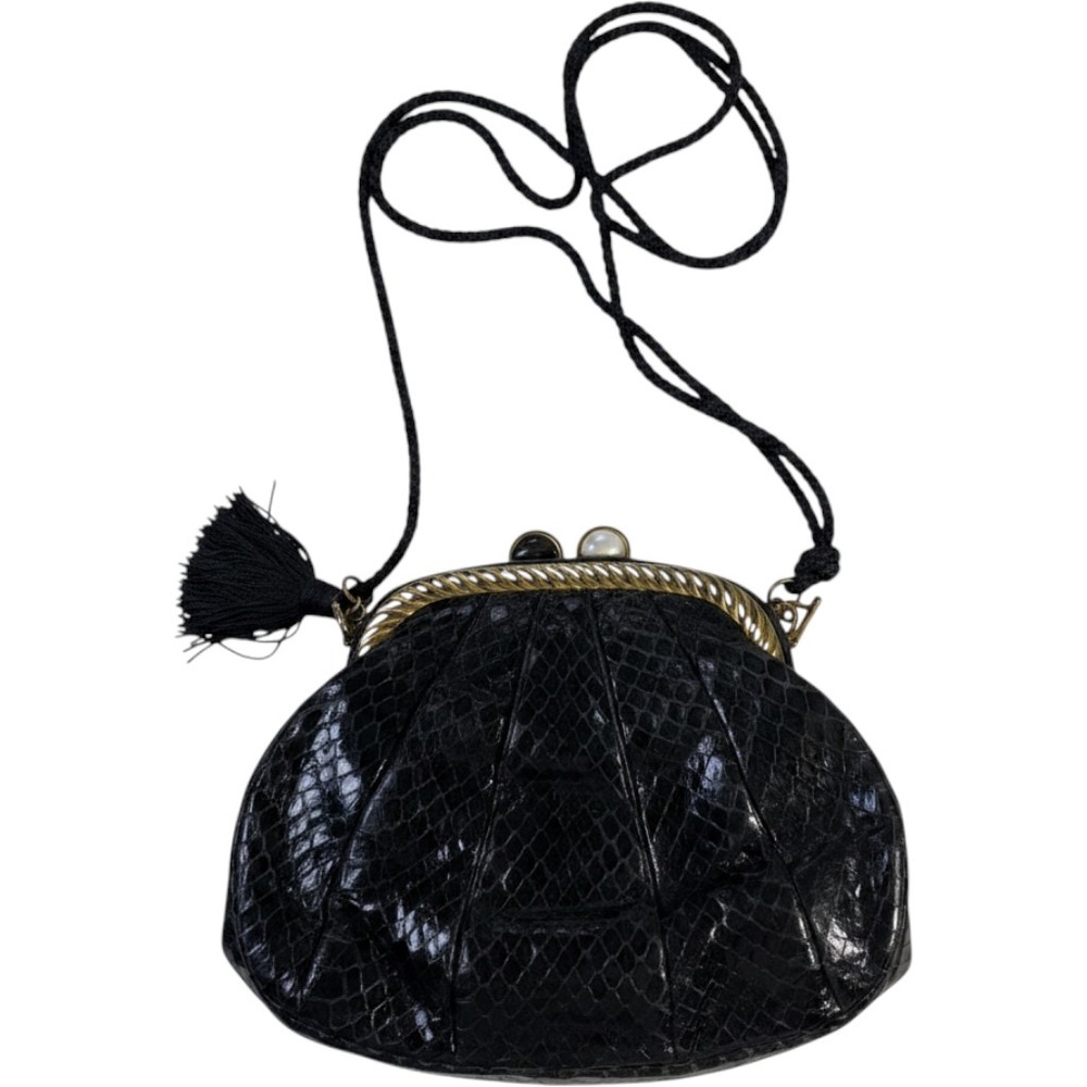 Judith Leiber Snakeskin Crossbody Bag Black Gold Frame Tassel Vintage